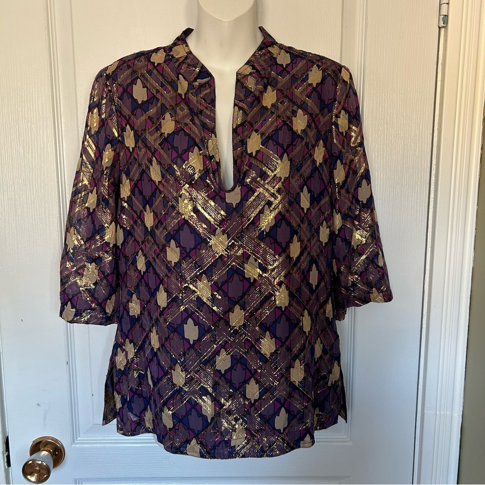 Tory Burch Purple and Gold 3/4 Sleeves Blouse Women Size 4